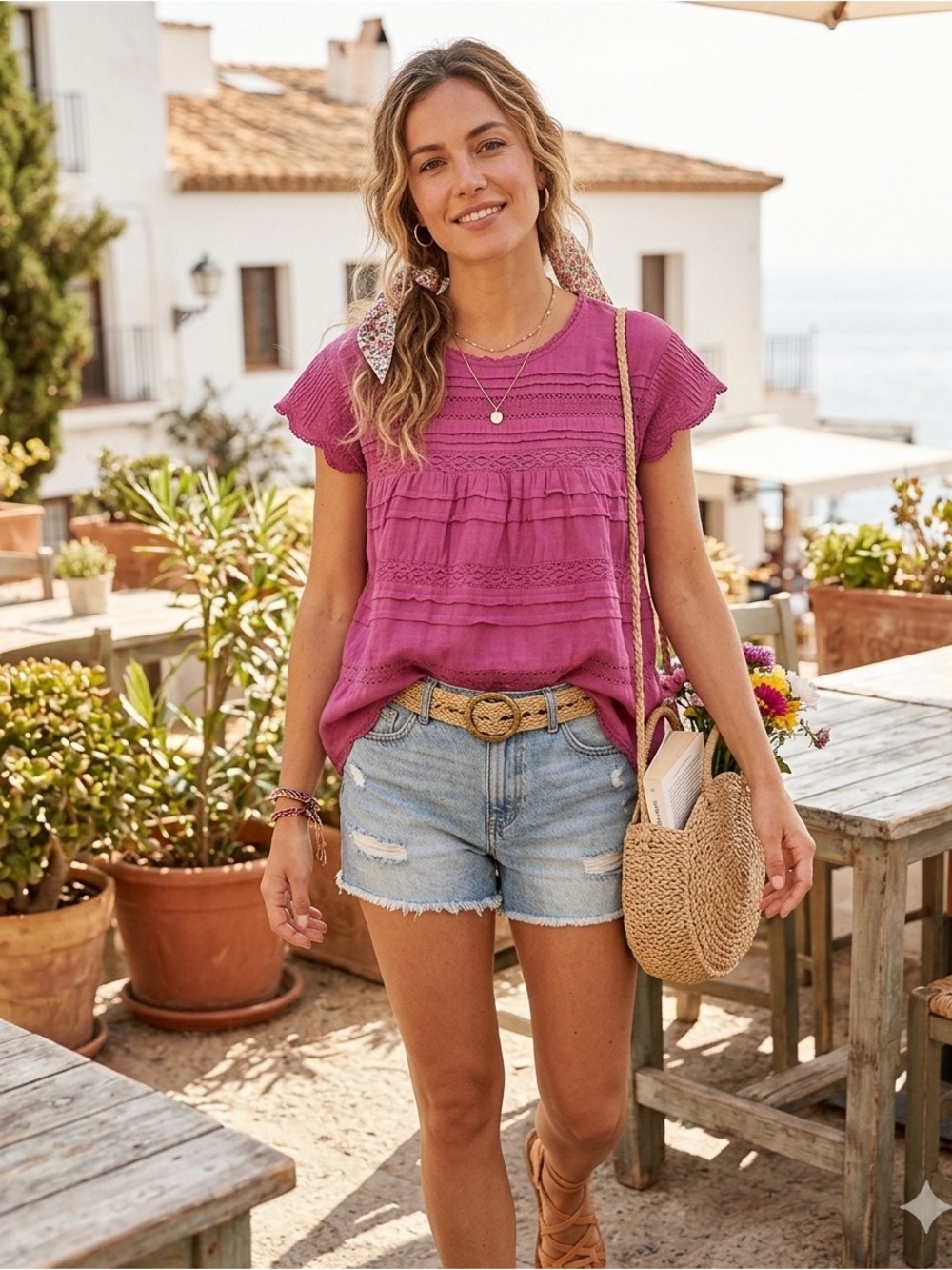 Sundance Catalog Women's Top Aria Lace Inset Hibiscus 100% Cotton Size S